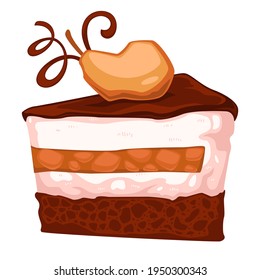 Schokoladenkuchen mit Mousse und Birnenscheibe. Einziger Kuchenabschnitt im Café oder Restaurant. Menü für Veganer und Vegetarier. Gesunde Süßwaren mit dekorativen Elementen. Vektorgrafik im Flachstil