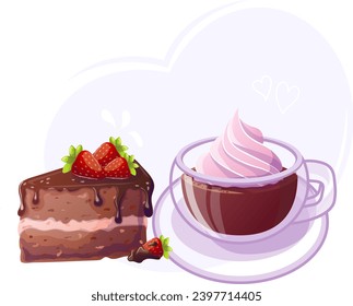 Torta de chocolate y tazón de cacao caliente al estilo de las caricaturas. Doodle. Ilustración vectorial para afiches, banner, sitio web, publicidad. Ilustración vectorial con postre dulce colorido. Ilustración del vector