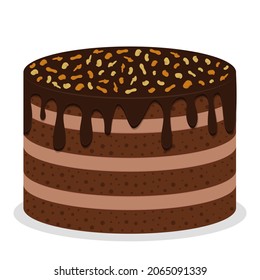 Chocolate cake with nut crumbs. Vector illustration isolated on white background.