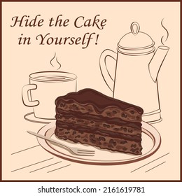 Pastel de chocolate en una placa con tenedor, caricatura, carteles de caramelos, ilustración vectorial