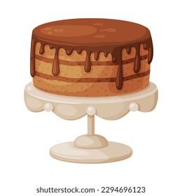 Chocolate cake on plate. Tasty sweet dessert cartoon vector illustration