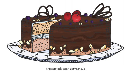 chocolate cake on a plate. vector stock image