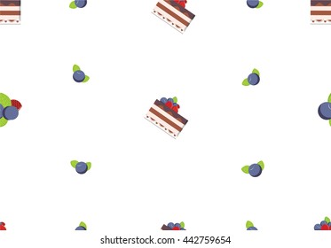 Chocolate cake on white background seamless pattern. Bakery Vector Illustration.