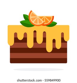 Chocolate cake with orange cream vector flat material design object. Isolated illustration on white background.
