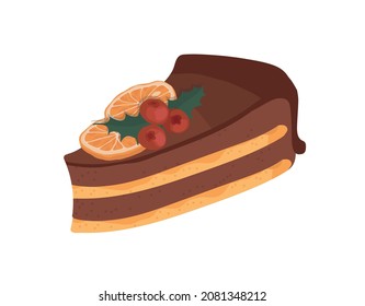 Chocolate cake with oranges and red berries. Party, Christmas, New Year. Vector isolated colorful element on a white background. 
