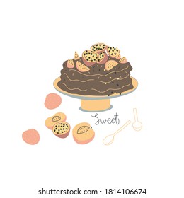 Chocolate cake with passion fruit and peaches on plate. Handwritten word: sweet, outlined spoons. Vector hand drawn illustration