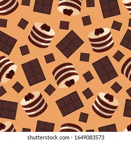 Chocolate cake pattern design with chocolate slices. Chocolate sweets background