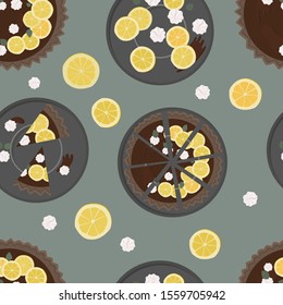 Chocolate cake pattern with lemons and meringues.