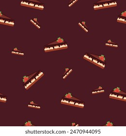 Chocolate cake pattern on brown background.chocolate and strawberry cake,vector illustration. 