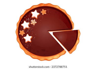 Pastel de chocolate, tarta con arándanos, rebanada con forma de estrella, pan de jengibre tradicional, postre de vacaciones cortado rebanada vista en el estilo de dibujos animados aislados en fondo blanco