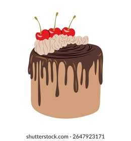 A chocolate cake piece is topped with a cherry, cream, and nuts against a solid black backdrop for a simple illustration ideal for a dessert menu or food blog.