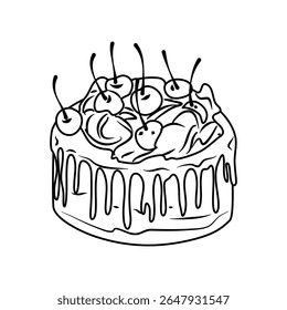A chocolate cake piece is topped with a cherry, cream, and nuts against a solid black backdrop for a simple illustration ideal for a dessert menu or food blog.