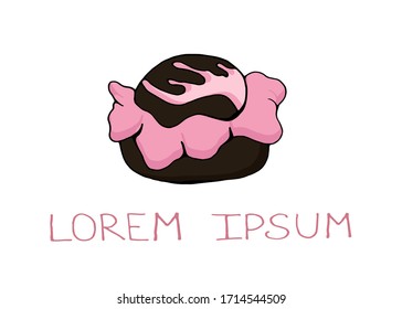 Chocolate cake with a pink coating.Vector isolated illustration with chocolate cake. Baking with cocoa and cream filling. Logo for the cafe menu. Printing on booklets, posters, fabric, paper, dishes. 