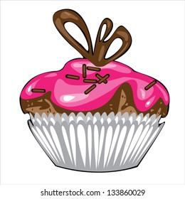 chocolate cake with pink cream isolated on white background