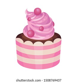 Chocolate cake in a pink striped package. Vector illustration on a white background.