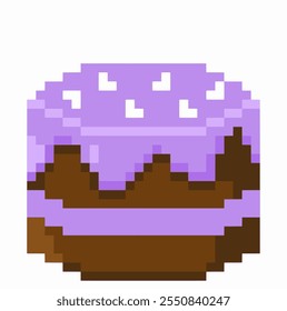 chocolate cake with purple icing in pixel art. 