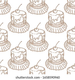 Chocolate cake seamless pattern background.Repeating dessert hand drawing.Isolated vector illustration