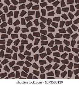 Chocolate cake. Seamless pattern with chocolate brownies in chocolate glaze. Vector illustration on a background of color of cocoa with milk.