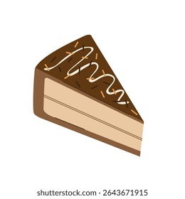 Chocolate cake slice. Birthday dessert. Holiday cake piece with cream illustration. Flat sweet vector clip art isolated on white. 