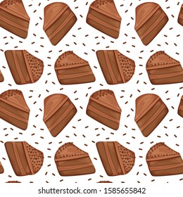 Chocolate cake slice cartoon style vector illustration seamless pattern, isolated colorful piece of delicious cake.