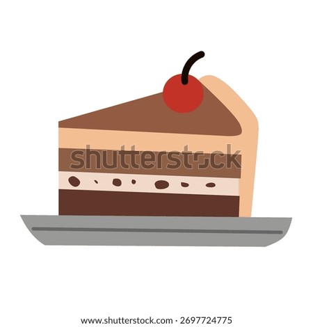 Chocolate cake slice with cherry illustration in flat minimal style. Perfect for dessert menu, bakery branding, or cozy café décor.