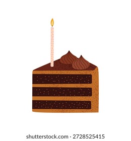 Rebanada de pastel de chocolate con capas de crema y vela de cumpleaños. Pieza de postre dulce con glaseado de chocolate y relleno. Ilustración vectorial plana linda aislada sobre fondo blanco.