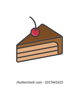 Chocolate cake slice flat line colored icon.