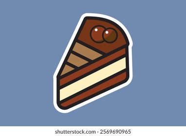 Chocolate Cake Slice Icon, A simple and stylish icon of a chocolate cake slice with cherries on top. Perfect for use in websites, apps, and social media.  