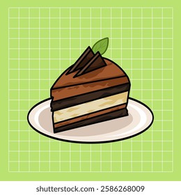 Chocolate Cake Slice Illustration: A delectable slice of chocolate cake with a layered design and a green leaf garnish sits on a plate