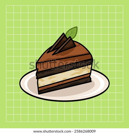 Chocolate Cake Slice Illustration: A delectable slice of chocolate cake with a layered design and a green leaf garnish sits on a plate