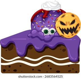 Chocolate cake slice with purple icing, monster ice cream, sprinkles, and jack-oâ-lantern cookie. svg