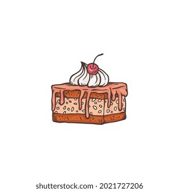 Chocolate cake slice with whipped cream and cherry topping - hand drawn drawing of dessert food isolated on white background. Vector illustration.