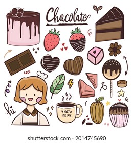 chocolate cake and snacks sticker drawing set cartoon doodle art illustration