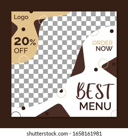 Chocolate and cake Social media post template  with place for photo,  Square templates for publications and advertising.