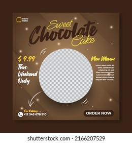 Chocolate Cake Social Media Post Template With Blank Space For Product Sale In Dark Background 