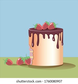 chocolate cake with strawberries bitten