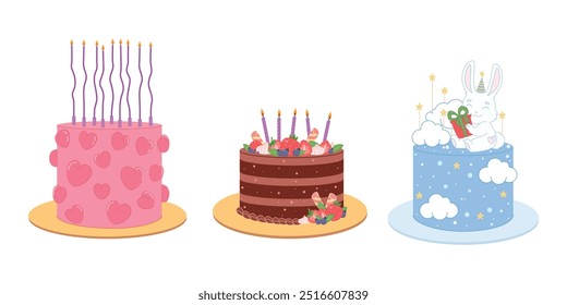 Chocolate cake with strawberries, blueberries, mint and candles. Dessert with a cute bunny with a gift and clouds. Cake for Valentine's Day. Vector, colorful illustration.