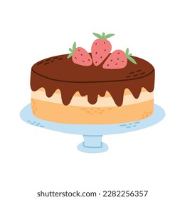 Chocolate cake with strawberries in flat style. Vector illustration. Cake on a plate isolated on a white background.