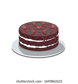 Chocolate cake with strawberries on a white isolated background. Vector image eps 10