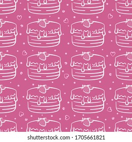 Torta de chocolate con fresas vectorial sin fisuras sobre fondo rosa. Antecedentes de vacaciones rosas y blancas dibujados a mano. Diseño para envolver, imprimir.