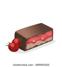 Chocolate cake with strawberry jam and strawberry placed on the side.Vector illustration isolated on white.Coffee time. Eat with coffee.Homemade bakery concept for birthday cake or valentine dessert.

