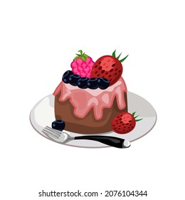 Chocolate Cake with Strawberry Jam.Place in a plate with a spoon on the side.Strawberry, blueberry and raspberry on the cake.Isolated vector illustration on a white background.