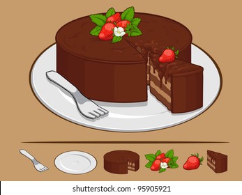 Chocolate Cake with Strawberry on Plate