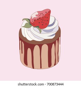 Chocolate Cake with strawberry on top isolated on pink.