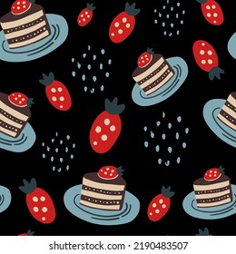 Chocolate cake with strawberry in plate seamless pattern. Cute hand drawn repeat vector illustration with falling dessert berry and dots in cartoon Scandinavian style. Packaging greeting card textile