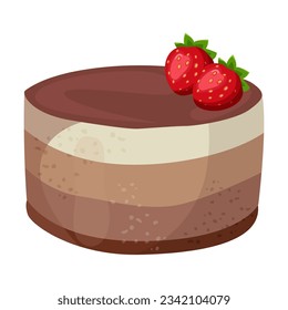 Pastel de chocolate con ilustración vectorial de fresa. Dibujo de dibujos animados de pastel de chocolate acristalado con chocolate aislado de fondo blanco. Panadería, concepto de comida
