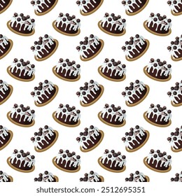 Chocolate cake with sugar icing. Vector illustration on a white background. Simple seamless pattern.
