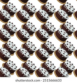 Chocolate cake with sugar icing. Vector illustration on a white background. Simple seamless pattern.