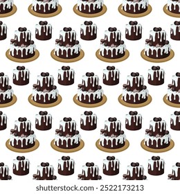 Chocolate cake with sugar icing. Vector illustration on a white background. Simple seamless pattern.