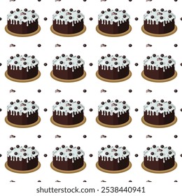 Chocolate cake with sugar icing. Vector illustration on a white background. Simple seamless pattern.